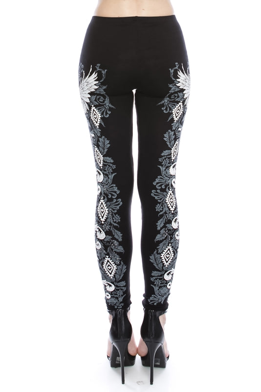 Vocal Fleur De Lis Print & Stones Leggings - Black