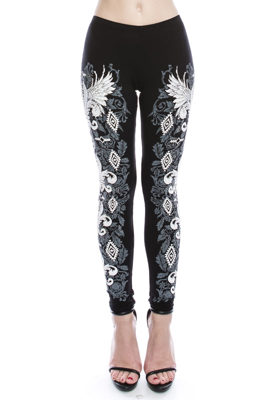 Vocal Fleur De Lis Print & Stones Leggings - Black