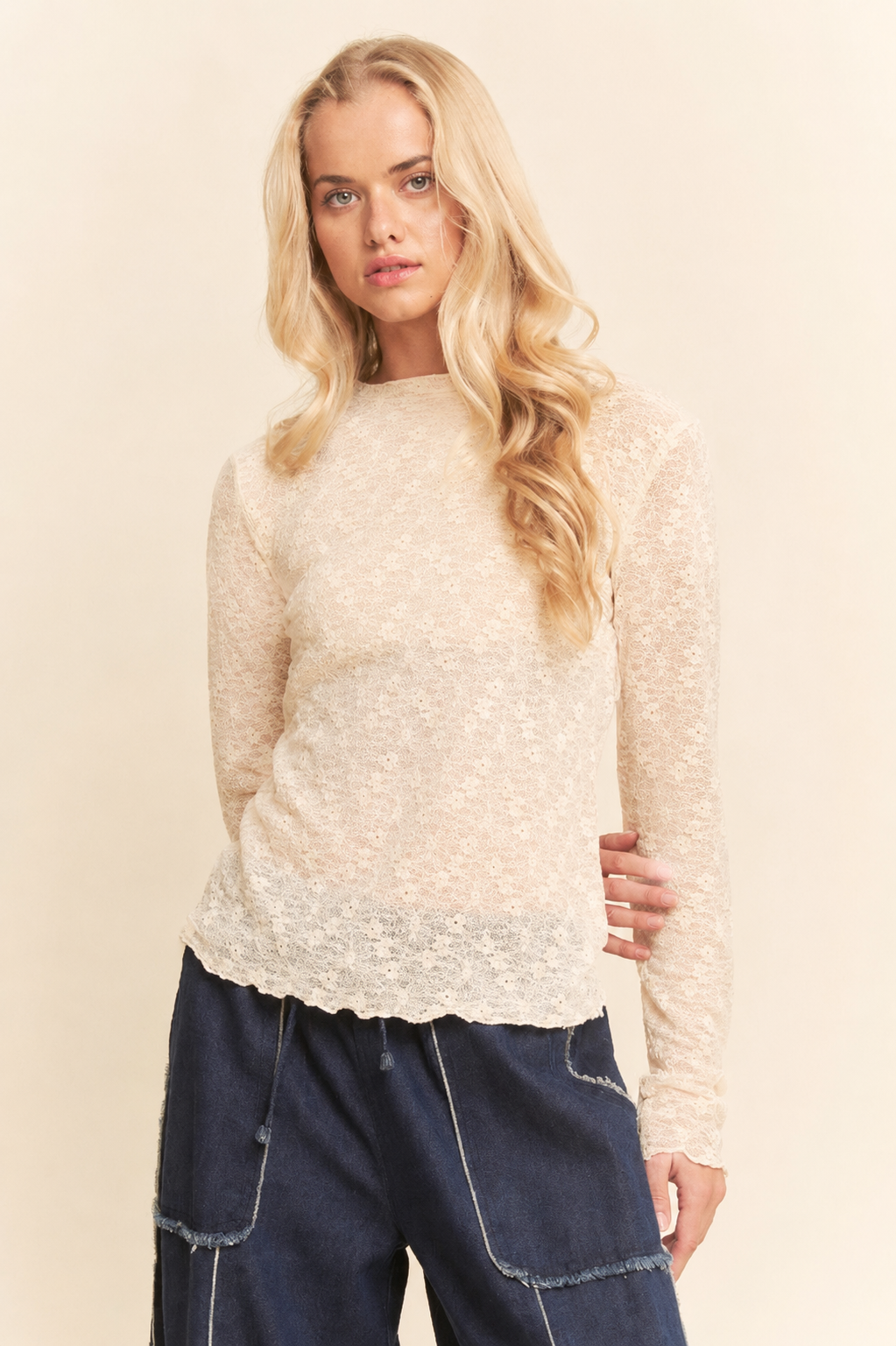 Flower Mesh Lace Stretch Top by Davi Dani - Ivory