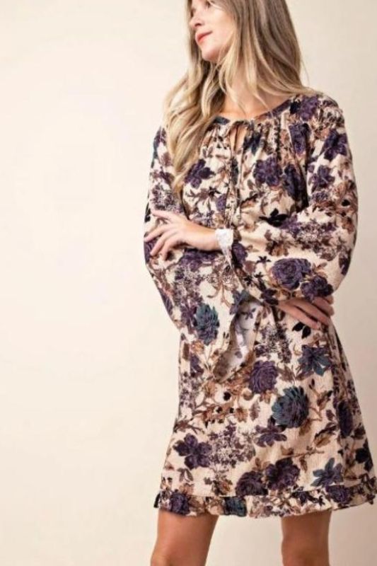 Kori Floral Ruffle Hem Dress - Taupe/Purple