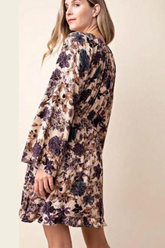 Kori Floral Ruffle Hem Dress - Taupe/Purple