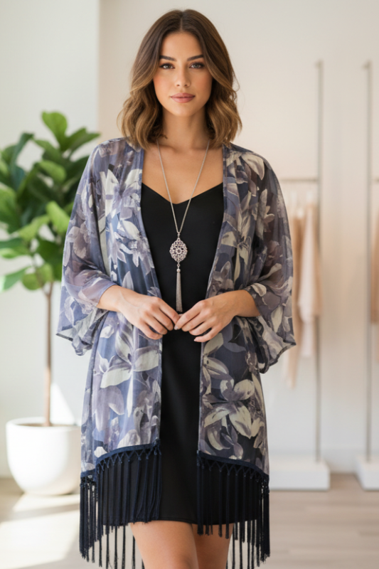 Honey Punch Floral Fringe Kimono - Purple