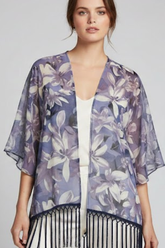 Honey Punch Floral Fringe Kimono - Purple Multi Navy