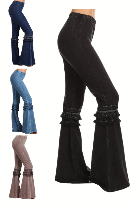 Chatoyant Mineral Wash Bell Bottom Knee Tassel Pants