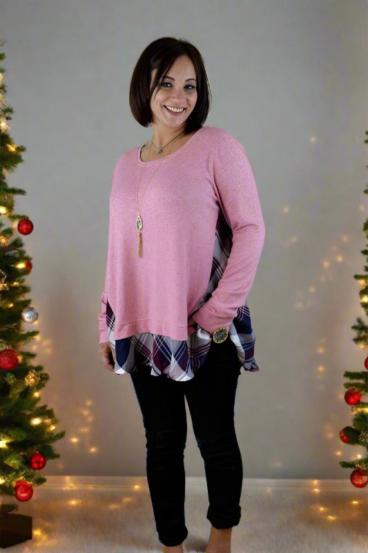Kori Tunic Sweater w/ Plaid Contrast - Pink Bubble Gum