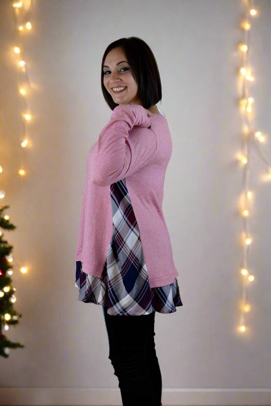 Kori Tunic Sweater w/ Plaid Contrast - Pink Bubble Gum