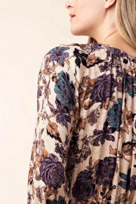 Kori Floral Ruffle Hem Dress - Taupe/Purple