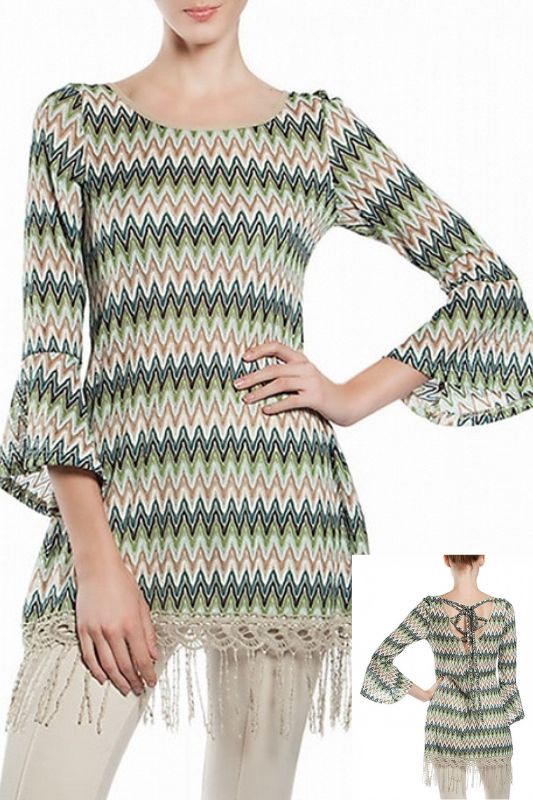 A'Reve Back Lace Up Fringe Tunic - Teal Multi