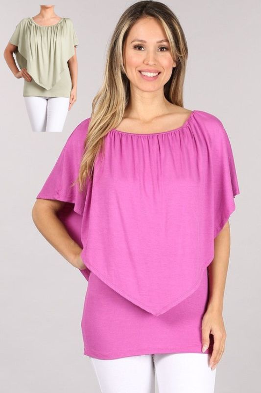 Chatoyant On/Off Shoulder Layer Neckline Top - Orchid or Sage