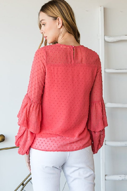 Coral Swiss Dot Tiered Bell Sleeve Blouse