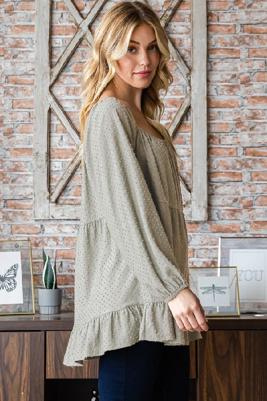 Olive Swiss Dot Tiered Puff Sleeve Square Neck Blouse