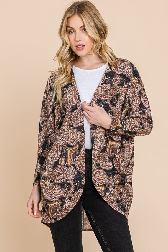 Paisley Dolman Sleeve Open Cardigan - Black Multi