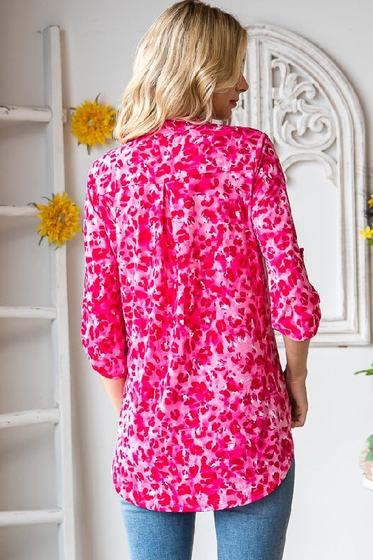 Fuchsia Animal Print Bulgari Knit Roll-Tab Sleeve Tunic Blouse