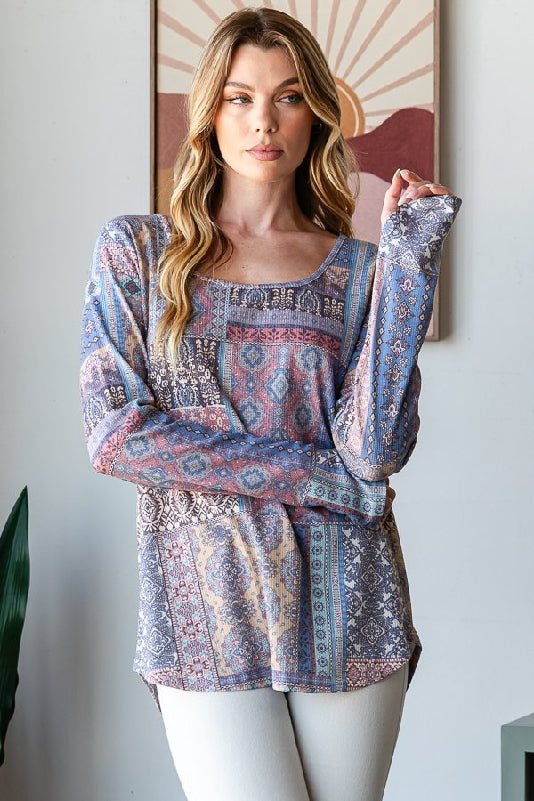 Catherine Vintage Patchwork Rib Knit Thumbhole Top