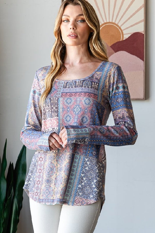 Catherine Vintage Patchwork Rib Knit Thumbhole Top