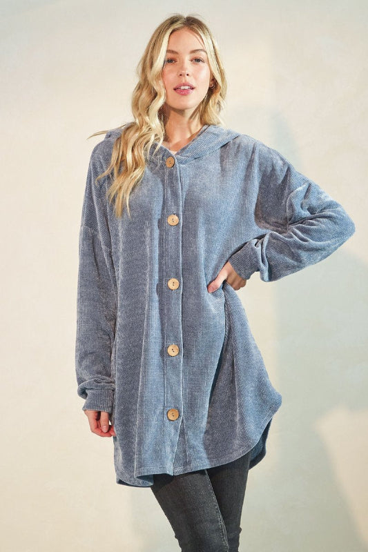 Dusty Denim Blue Hooded Button Front Cardigan with Pockets