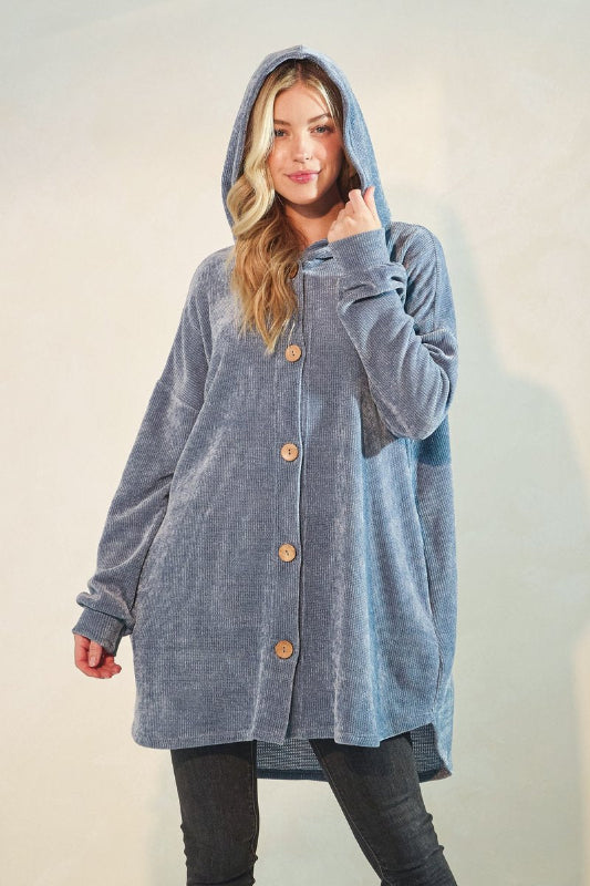 Dusty Denim Blue Hooded Button Front Cardigan with Pockets