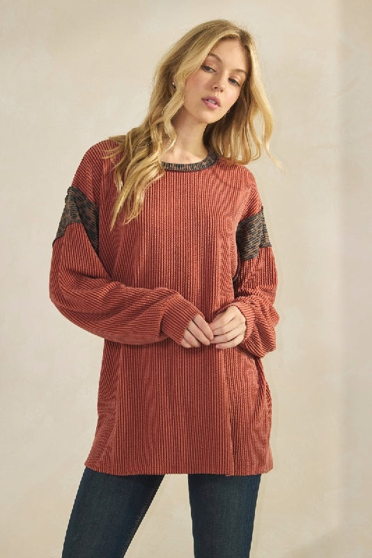 Heimish Rust Ribbed Color Block Tunic Top