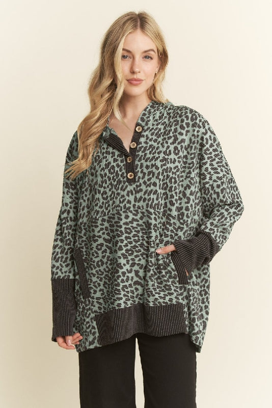Olive Vintage Animal Print Hooded Pullover with Kangaroo Pocket