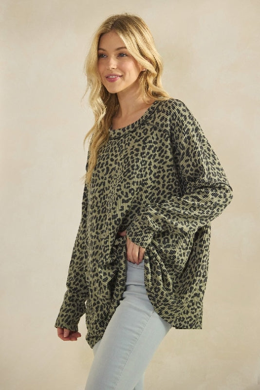 Olive Leopard Rib Knit Oversized Sweater Top
