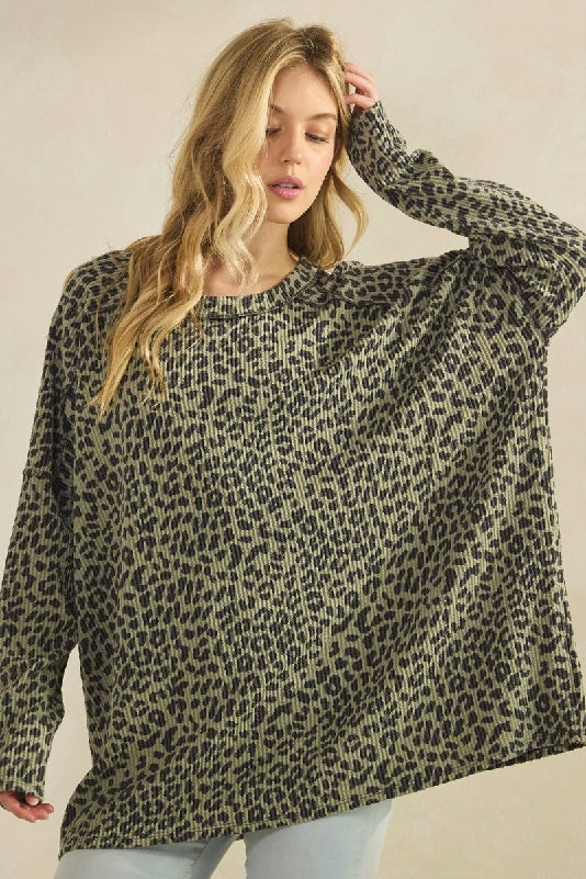 Olive Leopard Rib Knit Oversized Sweater Top
