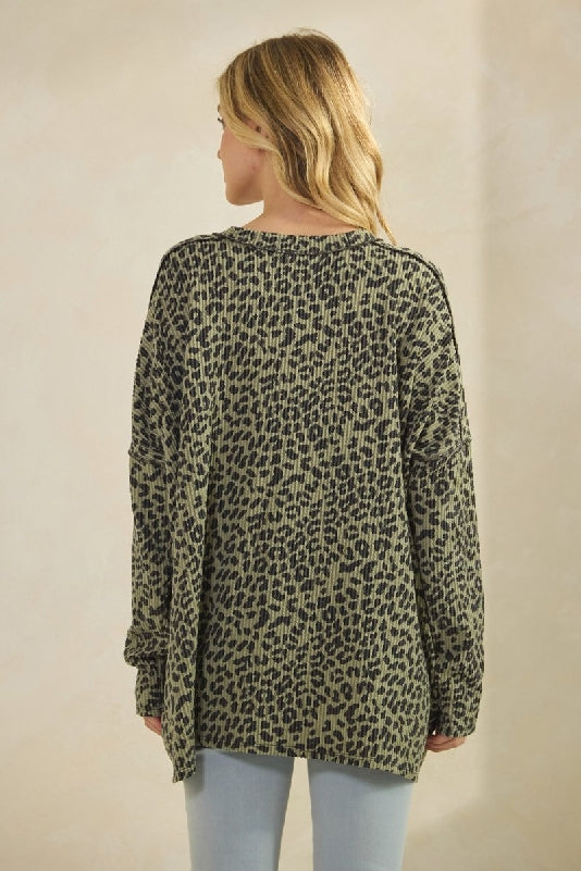 Olive Leopard Rib Knit Oversized Sweater Top