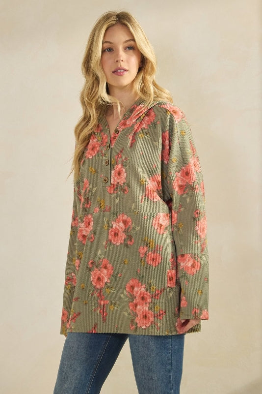 Floral Ribbed Knit Hoodie with Kangaroo Pocket - Olive Vintage