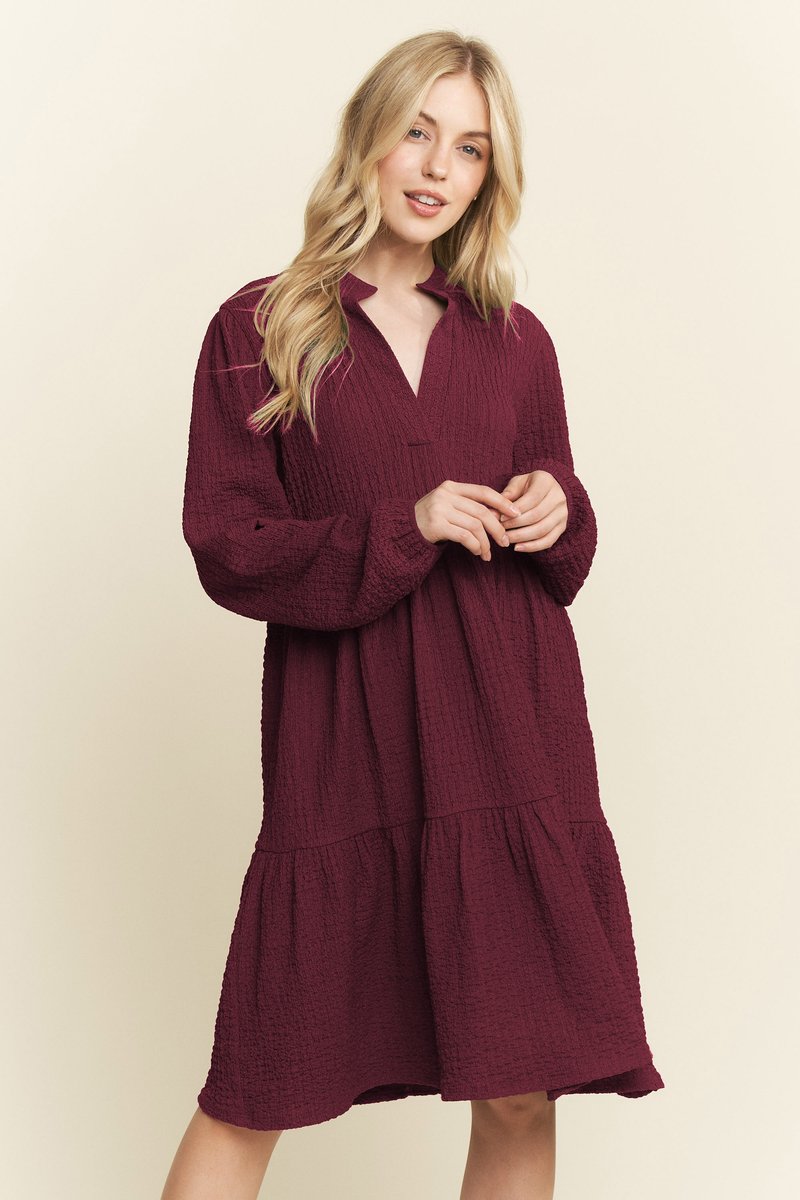 Burgundy Raisin Long Sleeve Mandarin Collar Tiered Dress