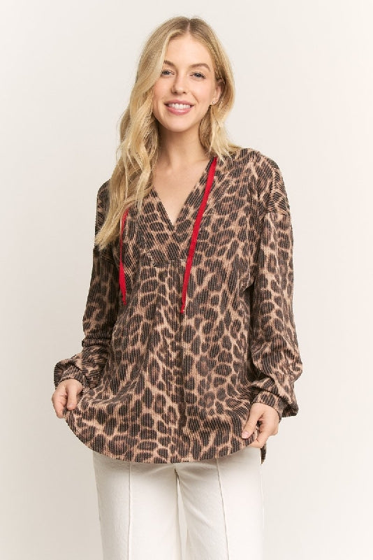 Taupe Brown Leopard Rib Knit Hoodie Top