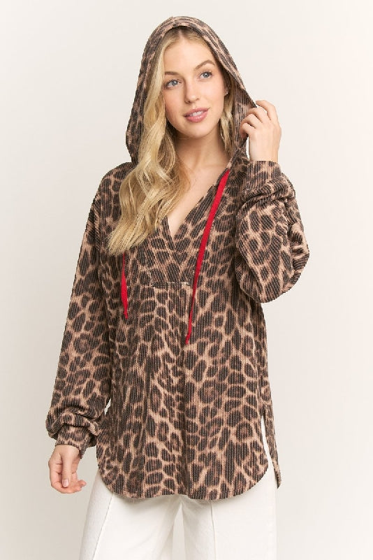 Taupe Brown Leopard Rib Knit Hoodie Top