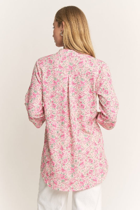Pink Floral Urban Rib Roll-Tab Sleeve Mandarin Collar Top