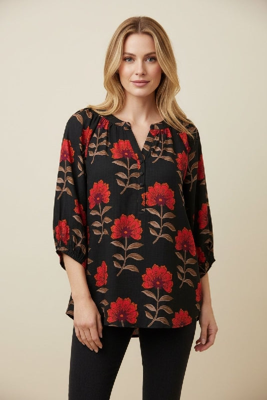 Black Floral Print Split V-Neck Blouse – 3/4 Sleeve