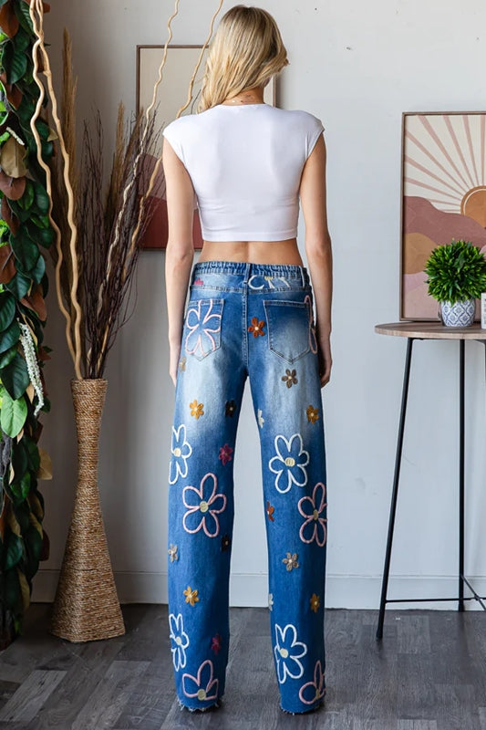 Oli & Hali Multicolor Floral Embroidered Jeans - Denim