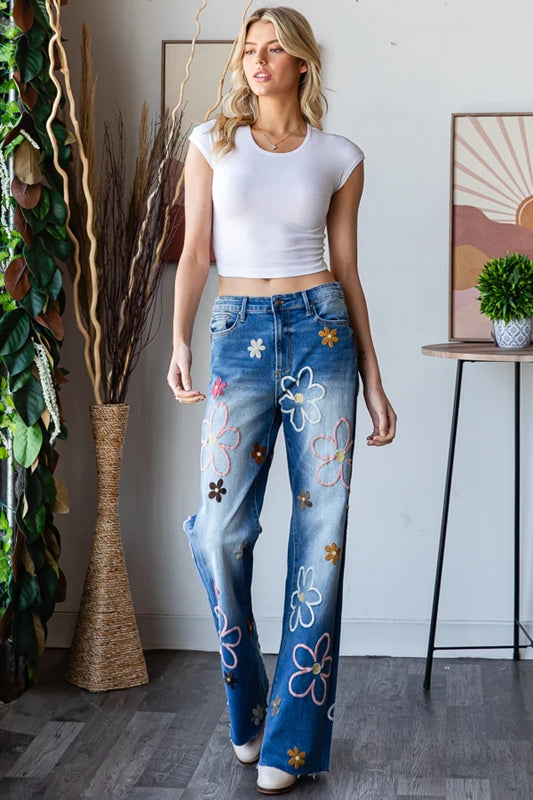 Oli & Hali Multicolor Floral Embroidered Jeans - Denim