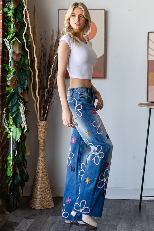 Oli & Hali Multicolor Floral Embroidered Jeans - Denim
