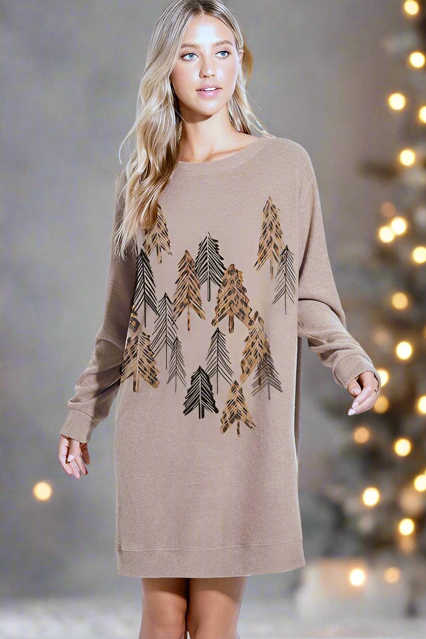 Leopard Trees Dolman Tunic Sweatshirt Dress - Camel
