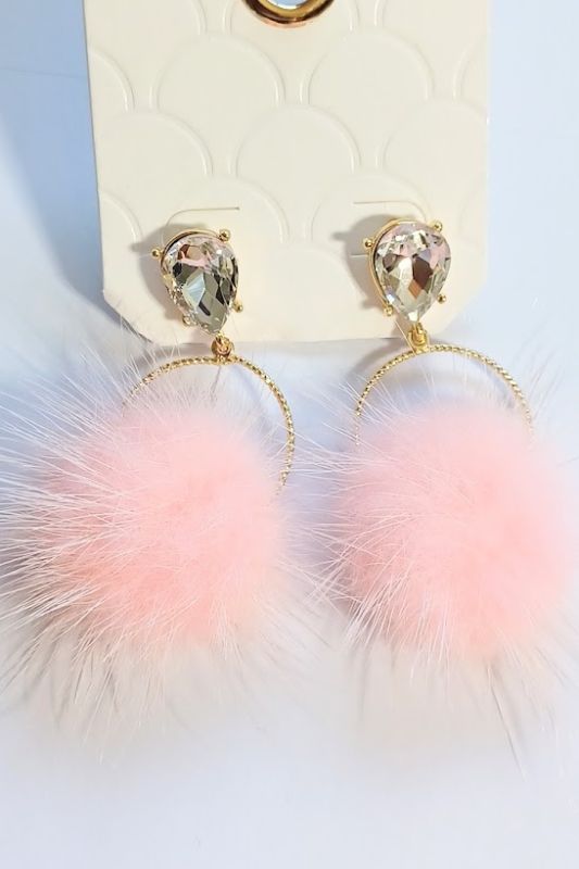 Faux Fur Pom Pom Rhinestone Drop Earrings - Pink