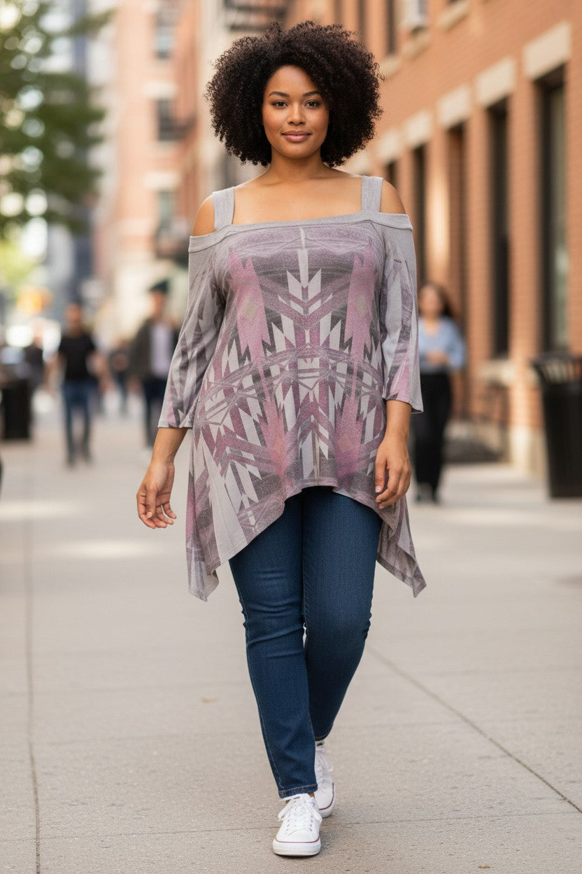 Poliana Plus Ethnic Print Sublimation Top - Lilac/Gray