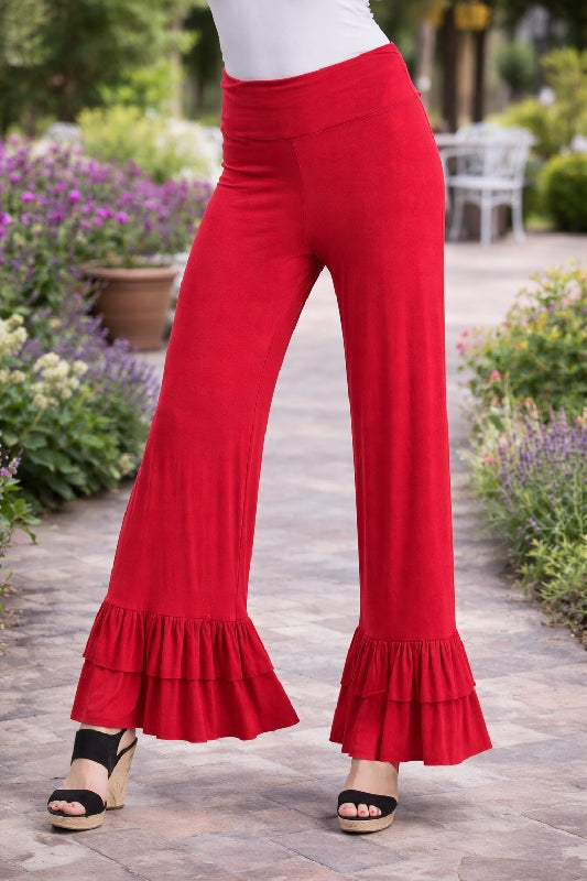 Double Ruffle Hem Soft Stretch Foldover Pants - Multiple Colors