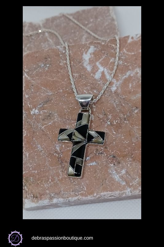 Silver Geometric Cross Pendant Necklace – Black & Neutral Stone Inlay by Ed Lohman