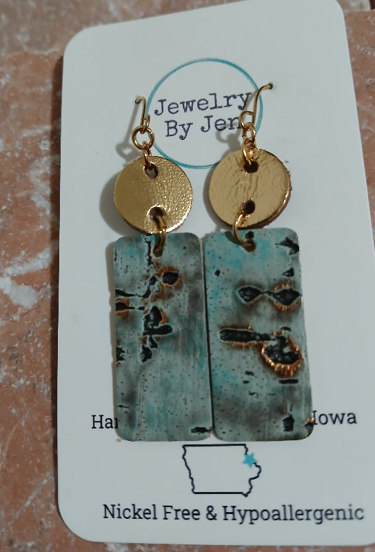 Small Leather Bar Earrings -  Gold & Turquoise Wildwood