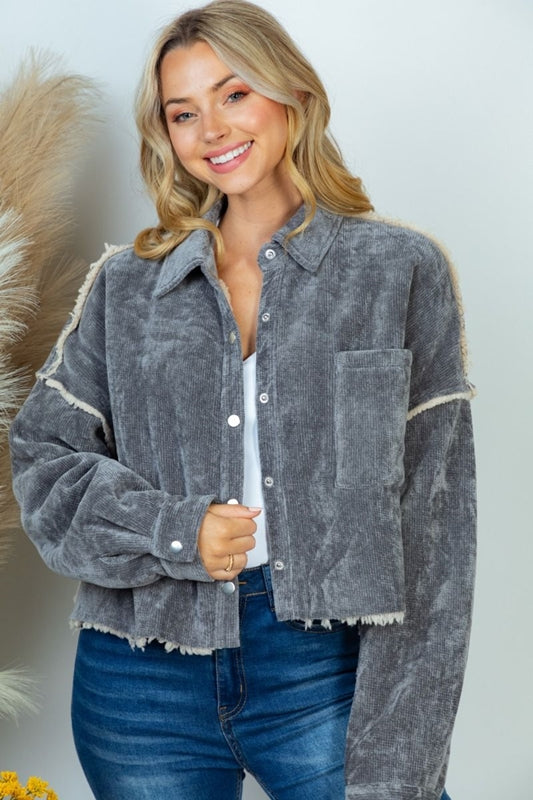White Birch Corduroy Sherpa Crop Shacket - Charcoal