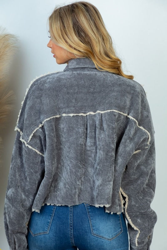 White Birch Corduroy Sherpa Crop Shacket - Charcoal