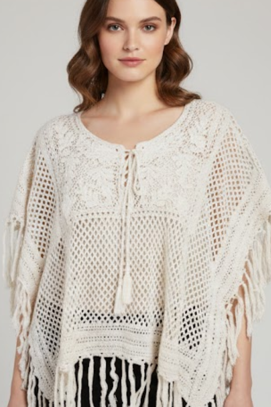 Crochet Bib Shaggy Fringe Poncho - Cream