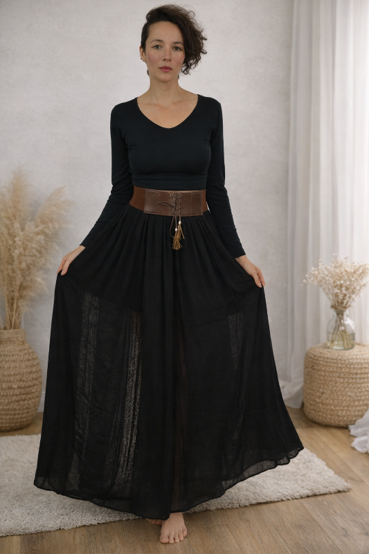 Semi-Sheer Lace Stripe Maxi Skirt with Wide Waist Belt - Black
