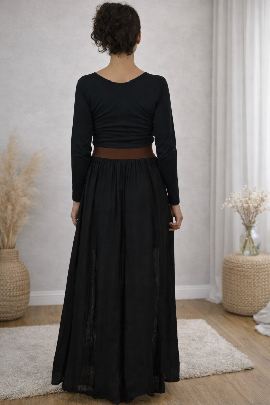 Semi-Sheer Lace Stripe Maxi Skirt with Wide Waist Belt - Black