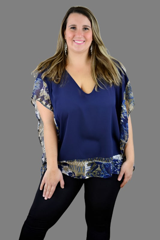 Janette Plus Print Kimono Blouse - Navy