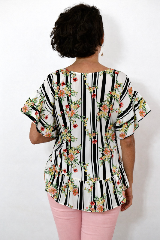 Womens Floral Stripe Hi-Low Blouse – Ruffle Sleeve Boutique Top Made in USA