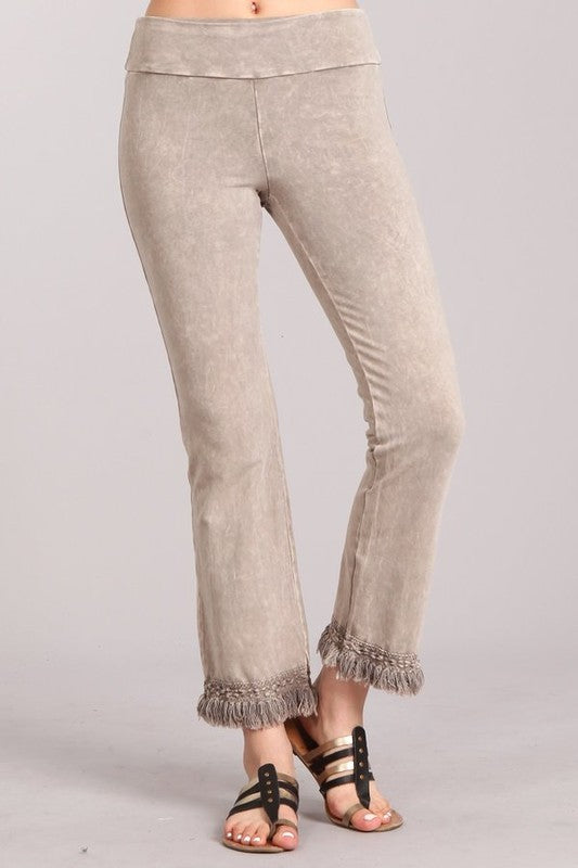 Chatoyant Mineral Wash Ankle Fringe Hem Pants - Many Colors