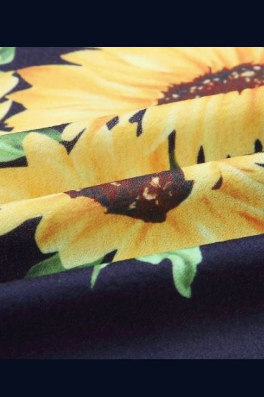 Sunflower Print Navy Midi Dress with Pockets & Smocked Back